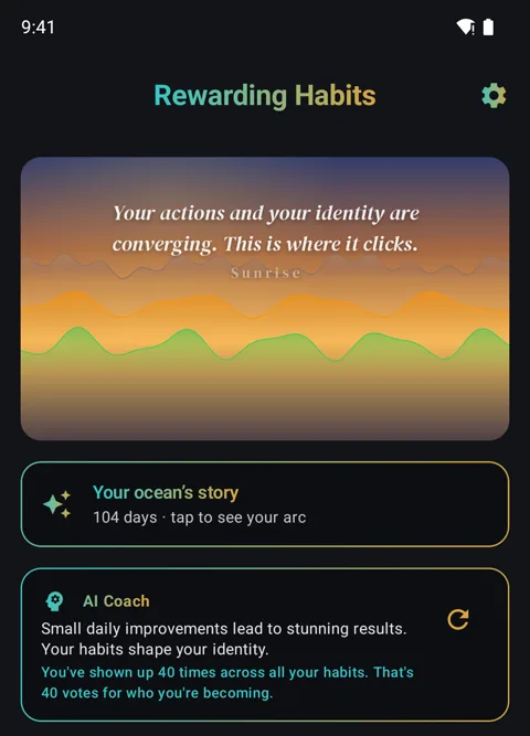 Rewarding Habits home screen with a sunrise ocean, an AI coach message, and your habits