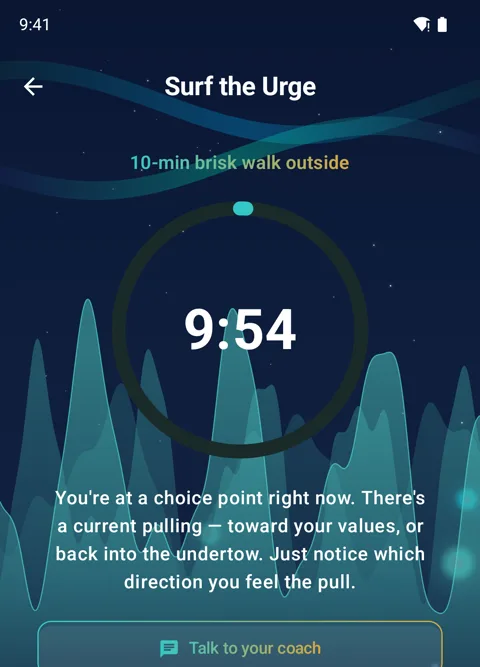 Surf the Urge screen: an urge timer over a bioluminescent night ocean, with a coach one tap away